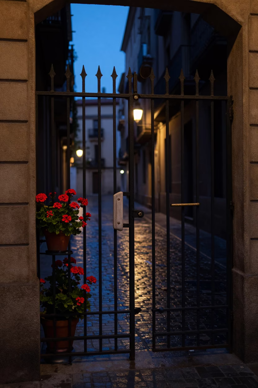 Barcelona Spain Predawn Street Scene With Geraniums And Gate Handle in in Barcelona, Spain
