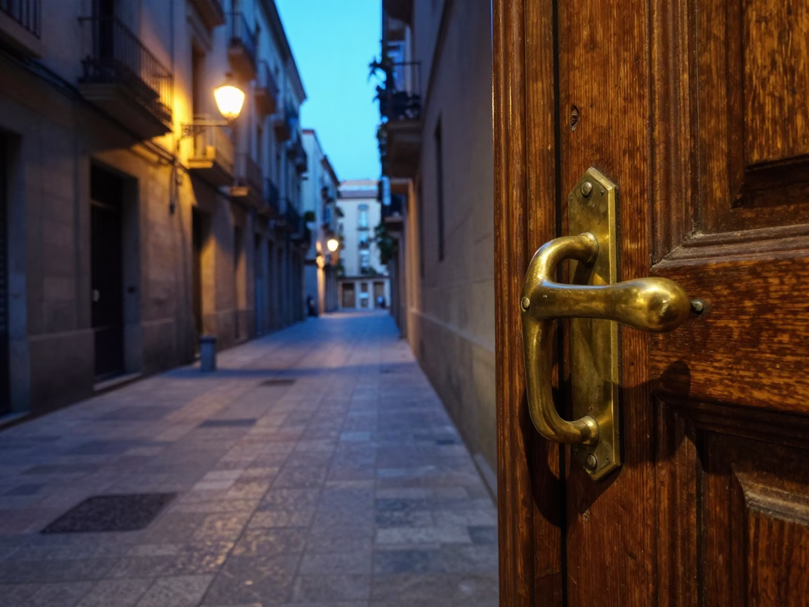 Barcelona Spain Predawn Street Scene with Vintage Brass Handle and Kitchen Timer in in Barcelona, Spain