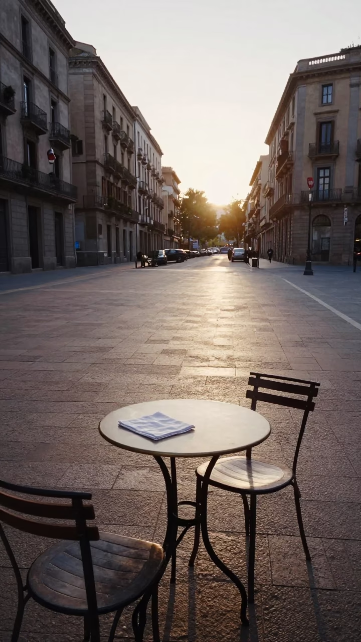 Barcelona Spain street scene after sunrise with local cafe table and linen napkin in in Barcelona, Spain