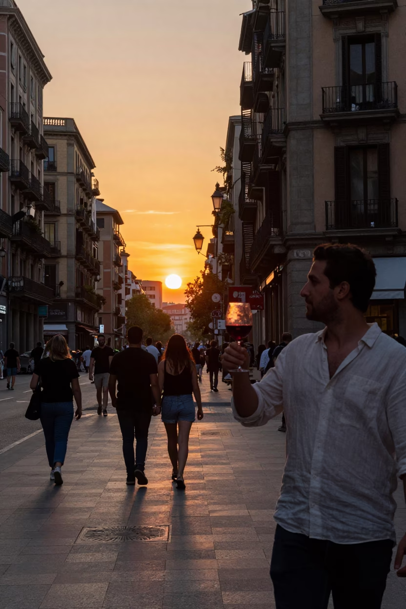Barcelona Spain Street Scene at Sunset with Red Wine and Market Stall in in Barcelona, Spain
