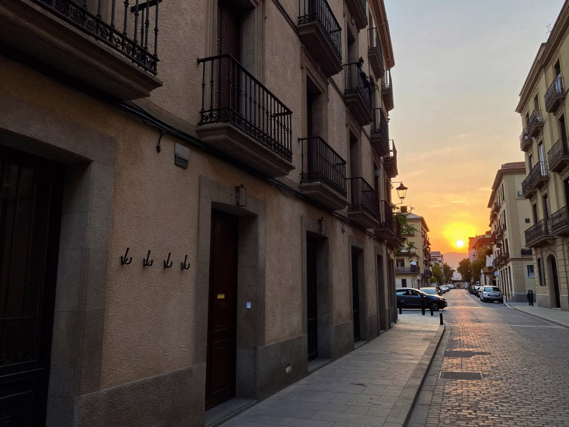 Barcelona Spain Street Scene at Sunset with Tool Hooks and File Box on Balcony in in Barcelona, Spain