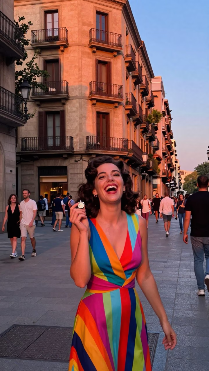 Barcelona Spain Street Scene Copper Dusk Light Colorful Lively Atmosphere in in Barcelona, Spain