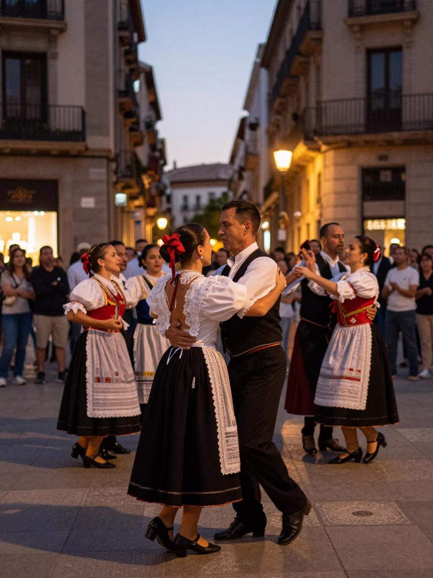 Barcelona Spain street scene copper dusk light traditional folk dance performers and busy plaza in in Barcelona, Spain