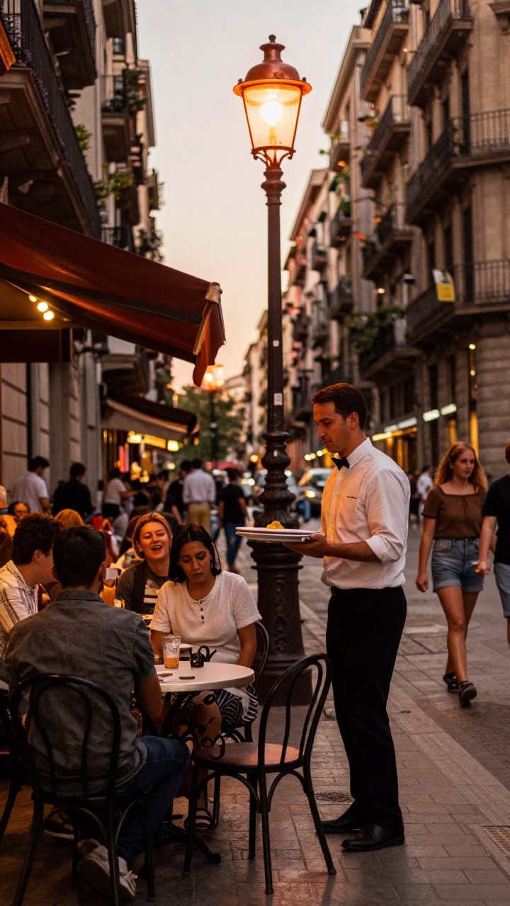 Barcelona Spain Street Scene Copper Light Before Dusk Busy Candid Moment in in Barcelona, Spain