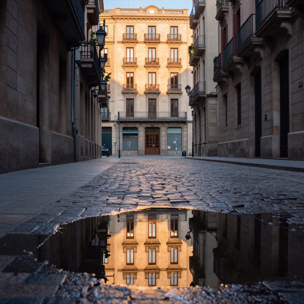 Barcelona Spain street scene just after sunrise with puddle reflections and hotel windows in in Barcelona, Spain