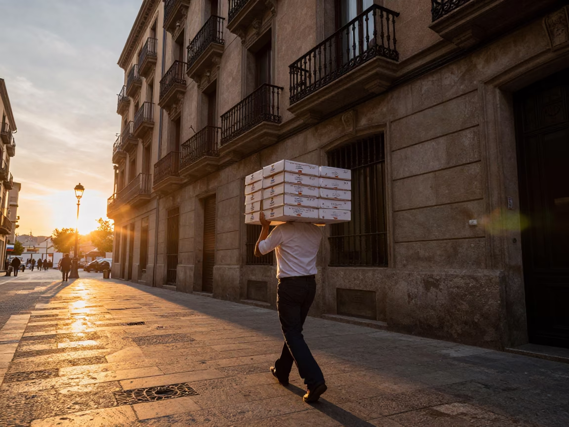 Barcelona Spain street scene with pastry box at sunset in in Barcelona, Spain