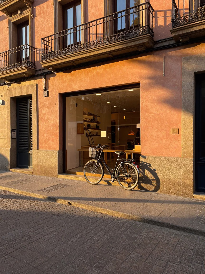 Barcelona Spain Sunrise Street Scene Bicycle Propped Against Bakery Shop Front in in Barcelona, Spain