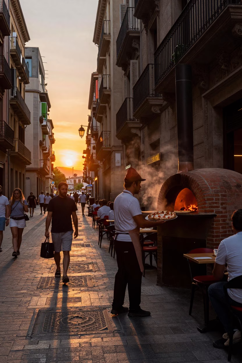Barcelona Spain Sunset Street Scene with Brick Oven Pizza and Brushed Steel Reflections in in Barcelona, Spain