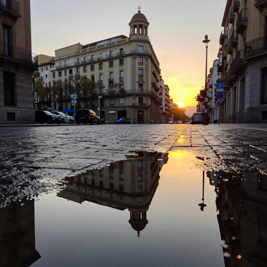 Barcelona Spain Sunset Street Scene with Puddle Reflections and Hotel Windows in in Barcelona, Spain