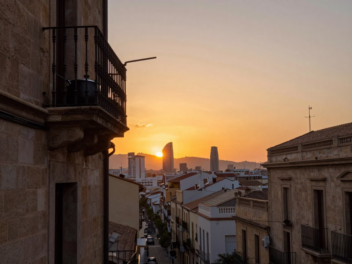 Barcelona Spain Sunset Street Scene with Saucepan on Balcony and Lantern Light in in Barcelona, Spain