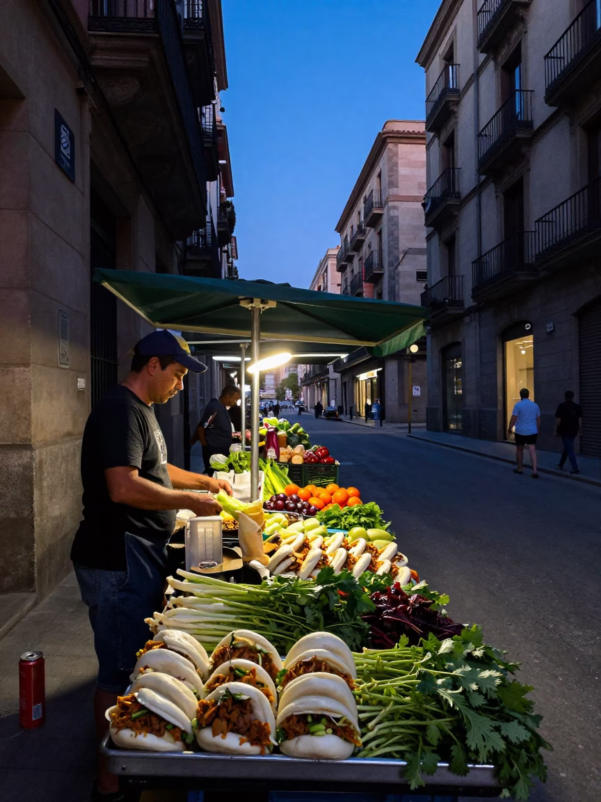 Barcelona Spain Twilight Street Scene with Local Market Produce and Urban Details in in Barcelona, Spain