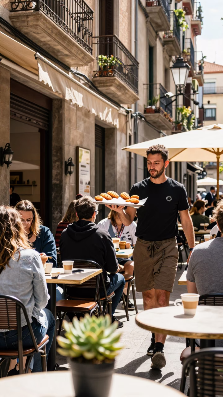 Barcelona Street Cafe Midmorning Scene with Succulents and Coffee Cupper in in Barcelona, Spain