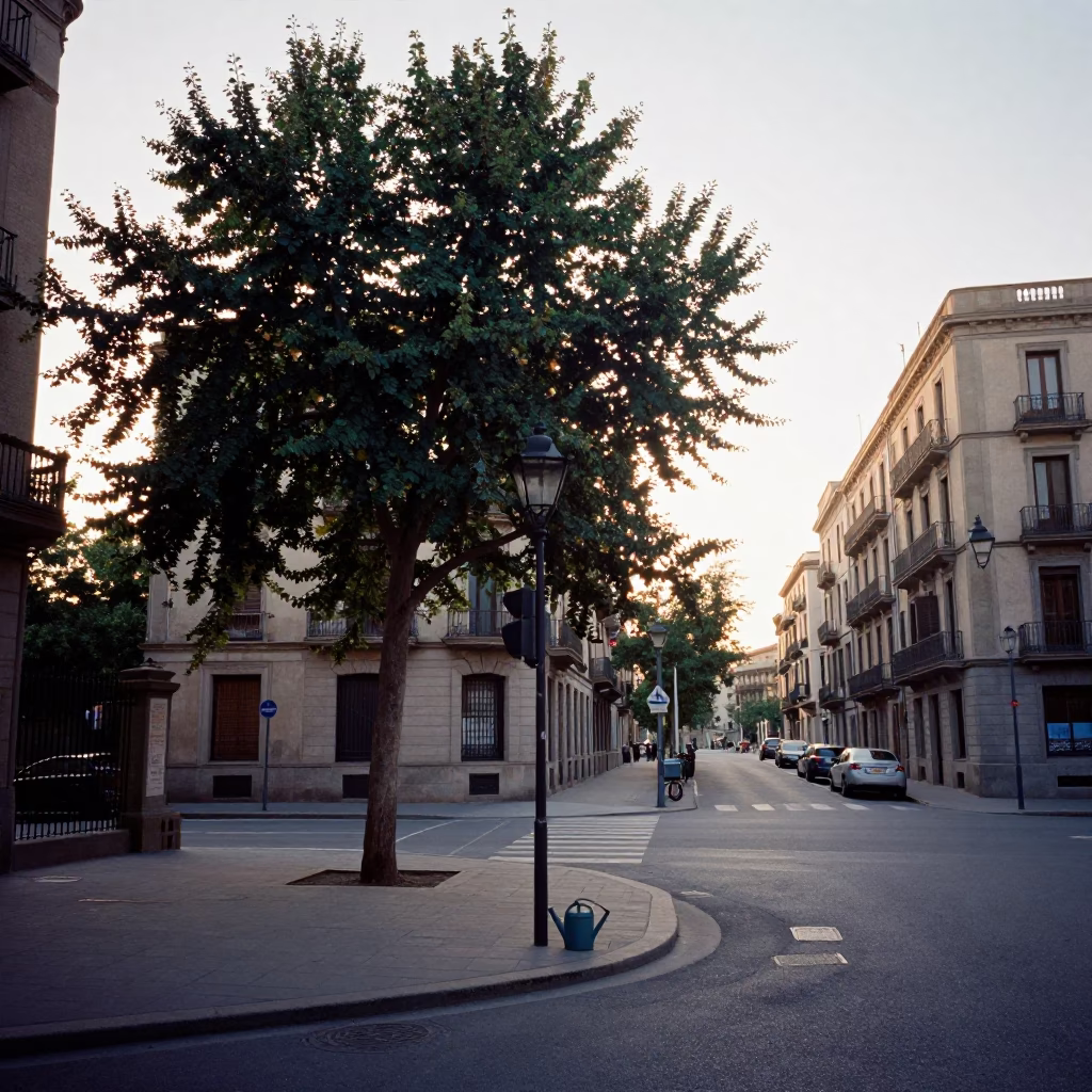 Barcelona street corner just after sunrise with a tree and watering jug in in Barcelona, Spain