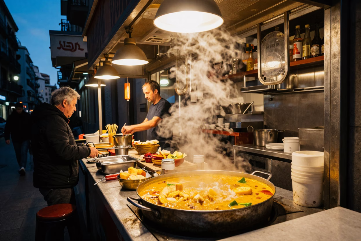 Barcelona Street Food Stall at Blue Hour with Bubbling Curry Pot in in Barcelona, Spain