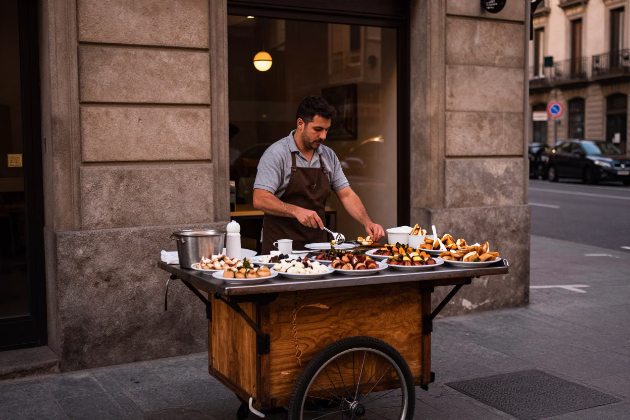Barcelona street food vendor selling Spanish tapas in warm copper dusk light in in Barcelona, Spain