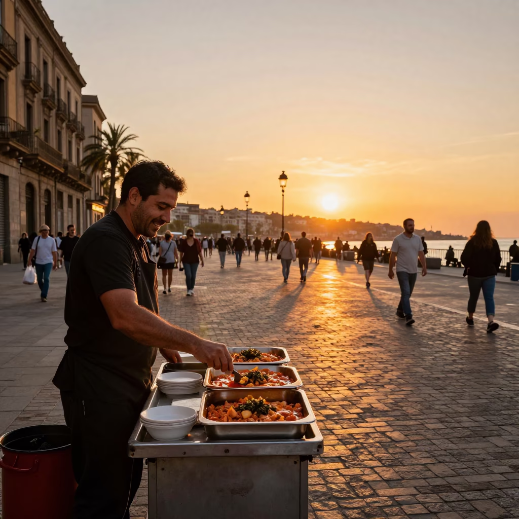 Barcelona Street Food Vendor Serving Cioppino at Sunset with Crusty Bread in in Barcelona, Spain