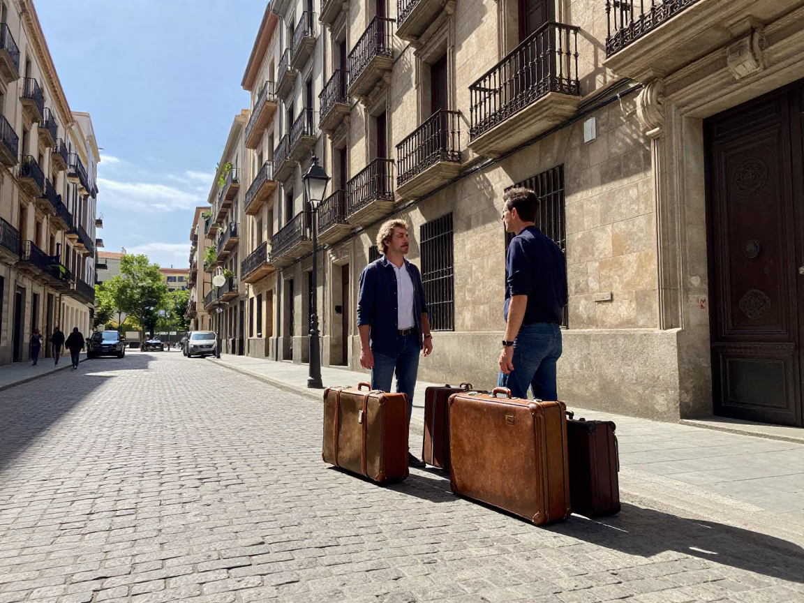 Barcelona Street Scene Afternoon with Travelers and Vintage Suitcases in in Barcelona, Spain