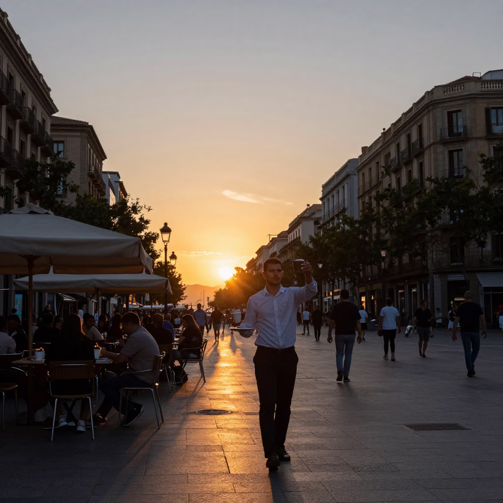 Barcelona Street Scene at Dusk with Local Dining and Stone Architecture in in Barcelona, Spain