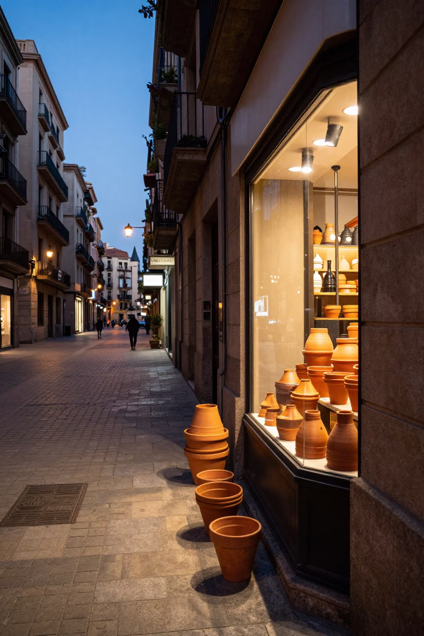 Barcelona Street Scene at Dusk with Terracotta Pots and City Lights in in Barcelona, Spain
