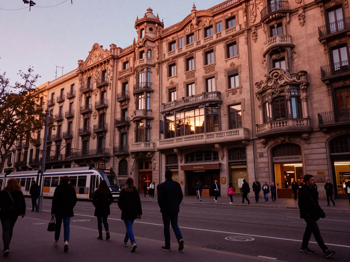 Barcelona Street Scene at Dusk with Tram and Art Nouveau Facades in in Barcelona, Spain