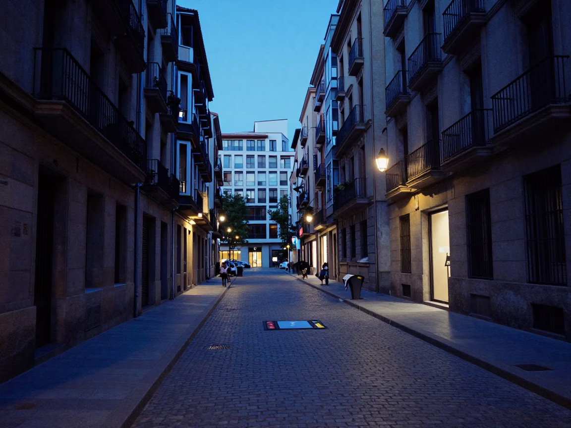 Barcelona Street Scene at Indigo Twilight with Domino Game and Vintage Broom in in Barcelona, Spain