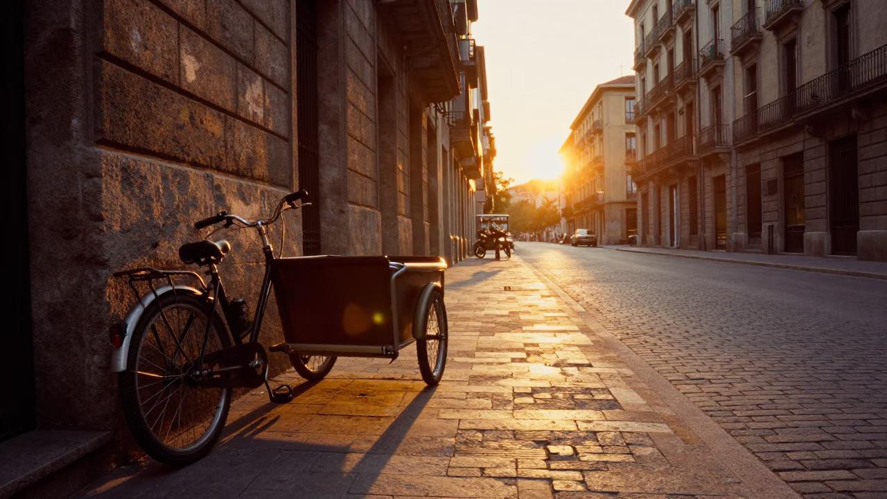 Barcelona Street Scene at Sunset with Cargo Bicycle and Local Life in in Barcelona, Spain