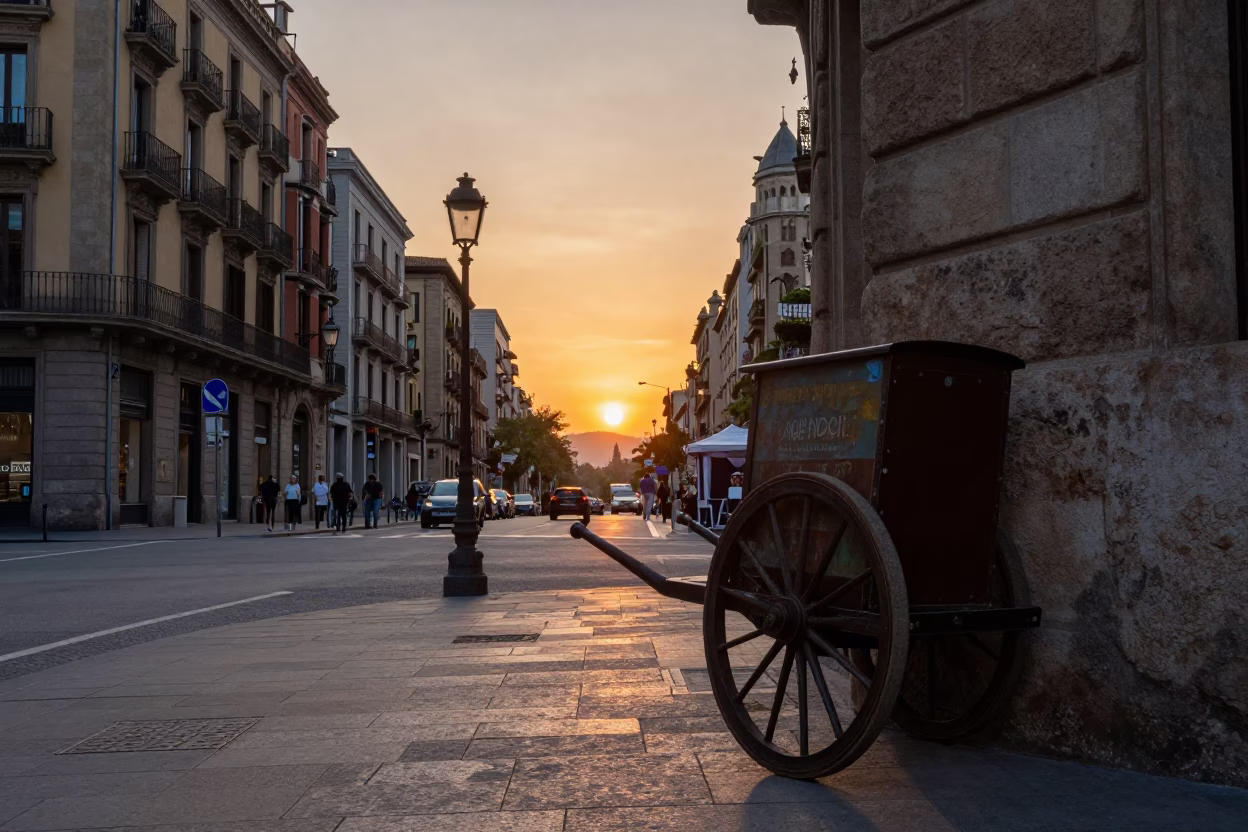 Barcelona Street Scene at Sunset with Caster Wheel and Linen Fringe Details in in Barcelona, Spain