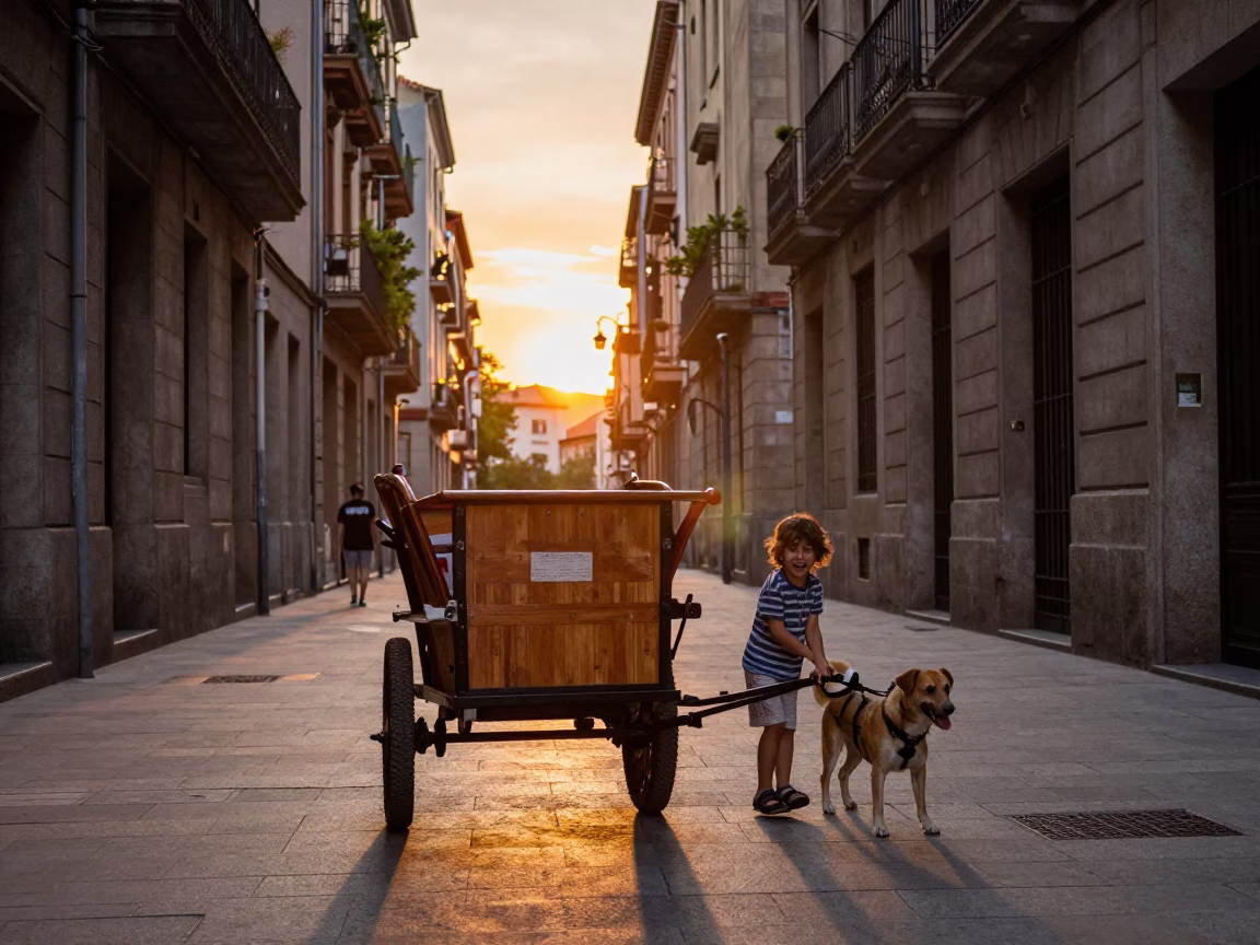 Barcelona Street Scene at Sunset with Dog Cart and Local Interaction in in Barcelona, Spain