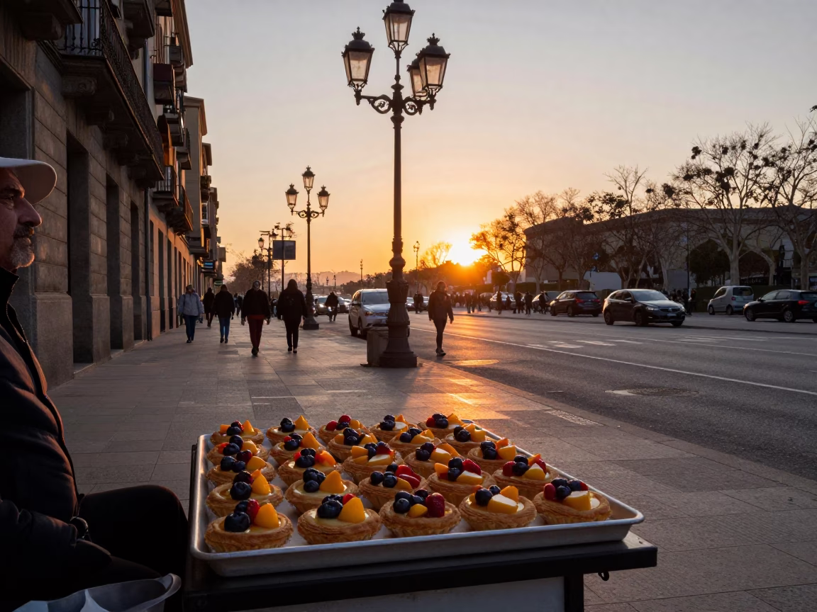 Barcelona Street Scene at Sunset with Fruit Tarts and Terracotta Bowl in in Barcelona, Spain