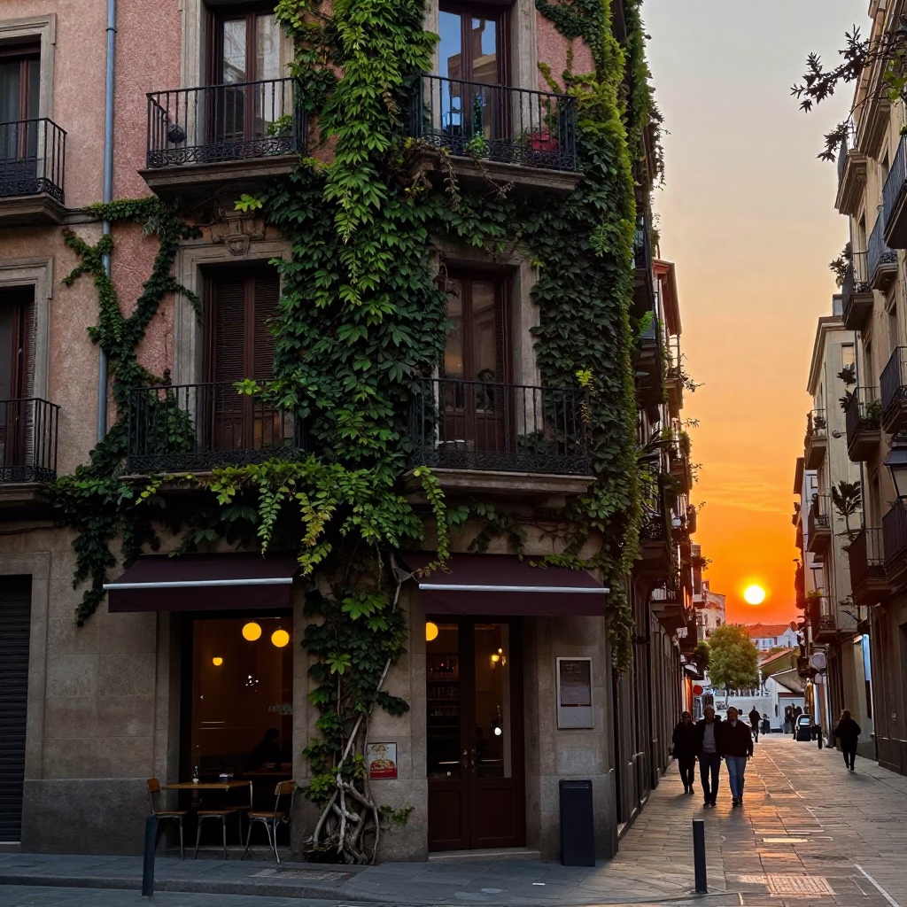 Barcelona street scene at sunset with ivy vines and local dining atmosphere in in Barcelona, Spain