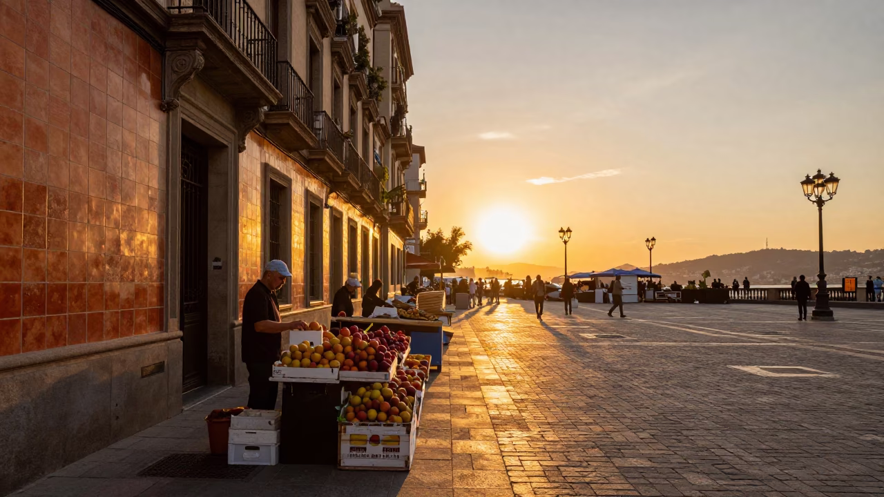Barcelona Street Scene at Sunset with Nectarines and Vintage 1950s Atmosphere in in Barcelona, Spain