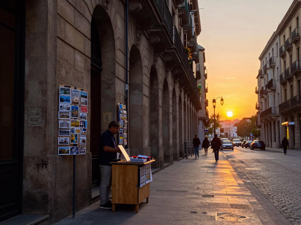 Barcelona Street Scene at Sunset with Postcards and Local Architecture in in Barcelona, Spain
