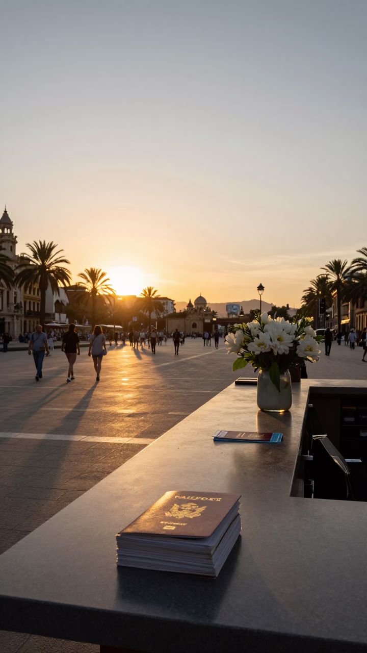 Barcelona Street Scene at Sunset with Tourist Reception Desk and Travel Documents in in Barcelona, Spain