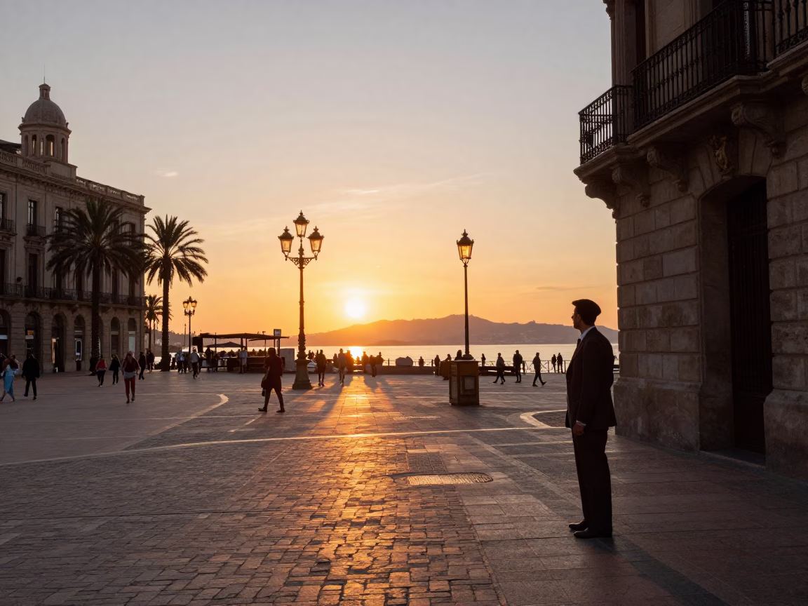 Barcelona Street Scene at Sunset with Vintage 1950s Charm and Local Life in in Barcelona, Spain
