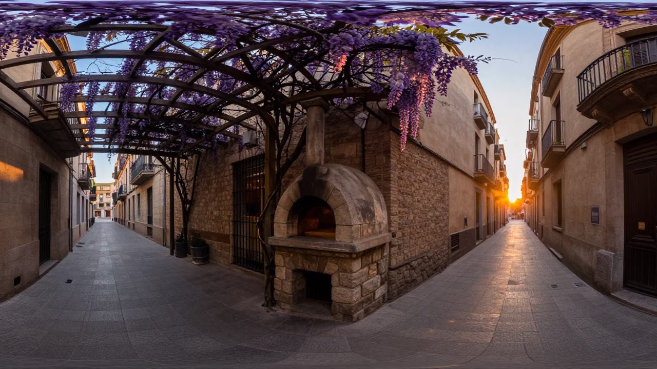 Barcelona street scene at sunset with wisteria pergola and traditional bread oven in in Barcelona, Spain
