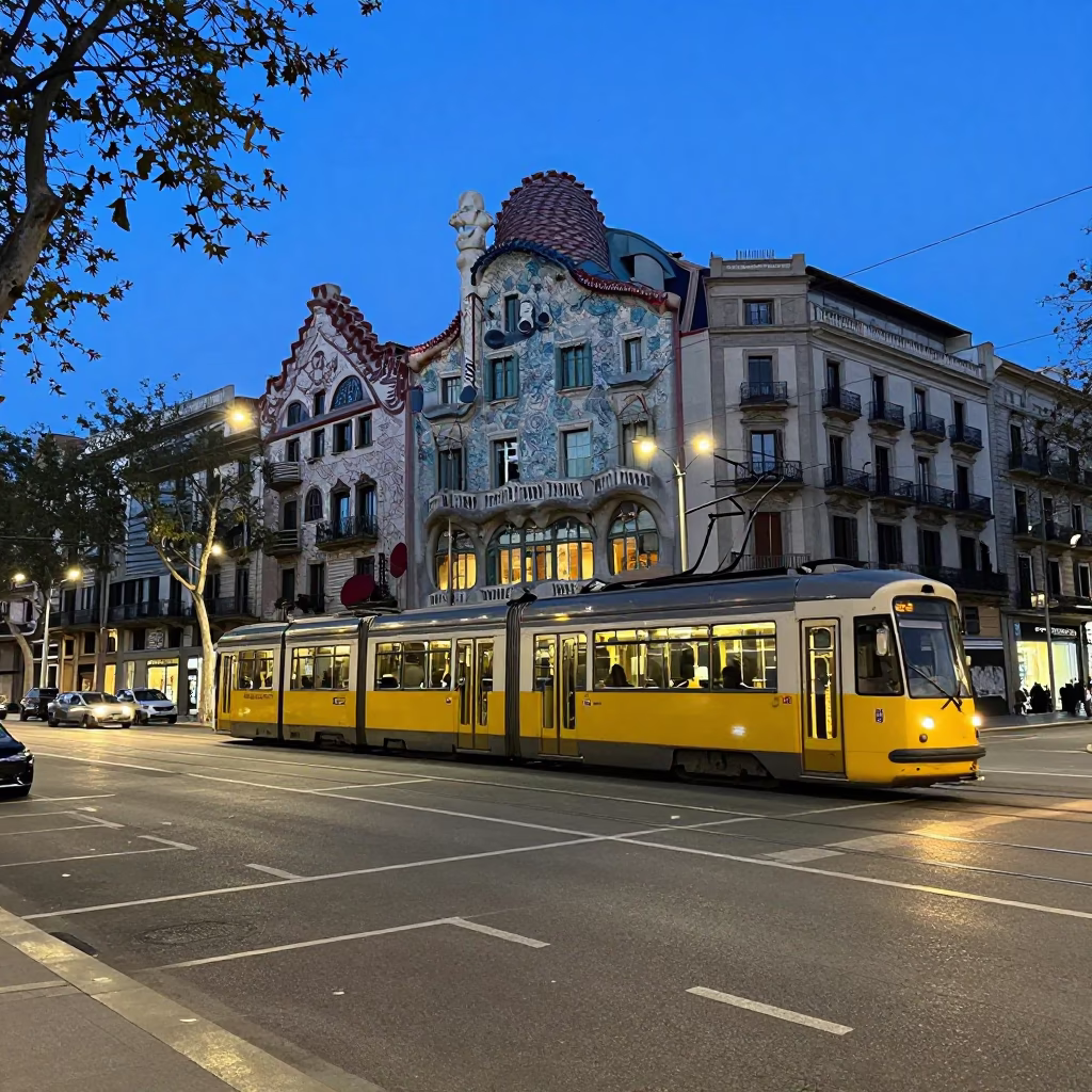 Barcelona Street Scene Before Dawn with Tram Passing Art Nouveau Facades in in Barcelona, Spain