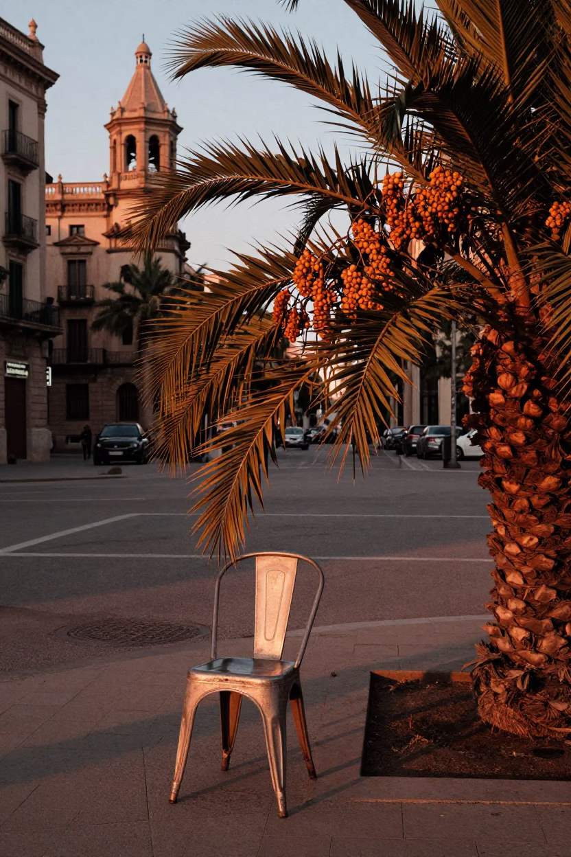 Barcelona Street Scene Before Dusk with Date Palm and Casual Seating in in Barcelona, Spain