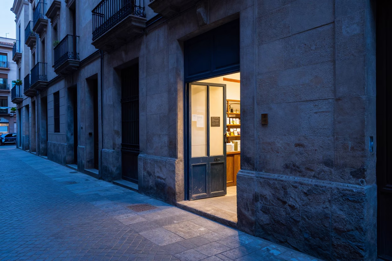 Barcelona Street Scene Before Sunrise with Chipped Blue Enamel and Brass Accents in in Barcelona, Spain
