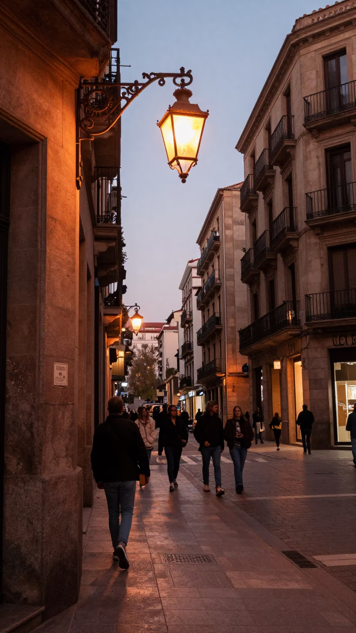 Barcelona Street Scene in Copper Dusk Light with Lantern and Picnic Blanket in in Barcelona, Spain