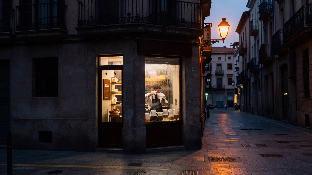 Barcelona Street Scene in Predawn Darkness with Condensation on Glass in in Barcelona, Spain