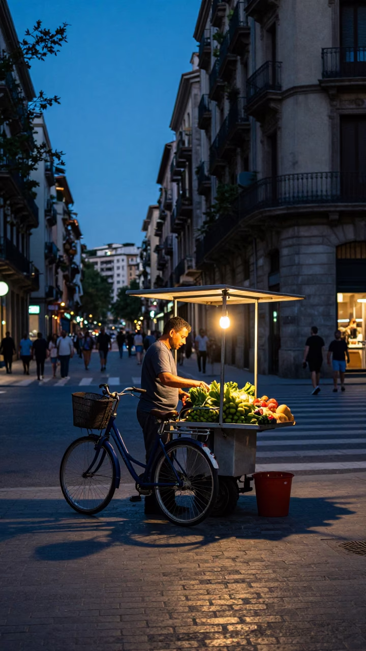 Barcelona Street Scene Indigo Twilight Bicycle Basket and Urban Life in in Barcelona, Spain