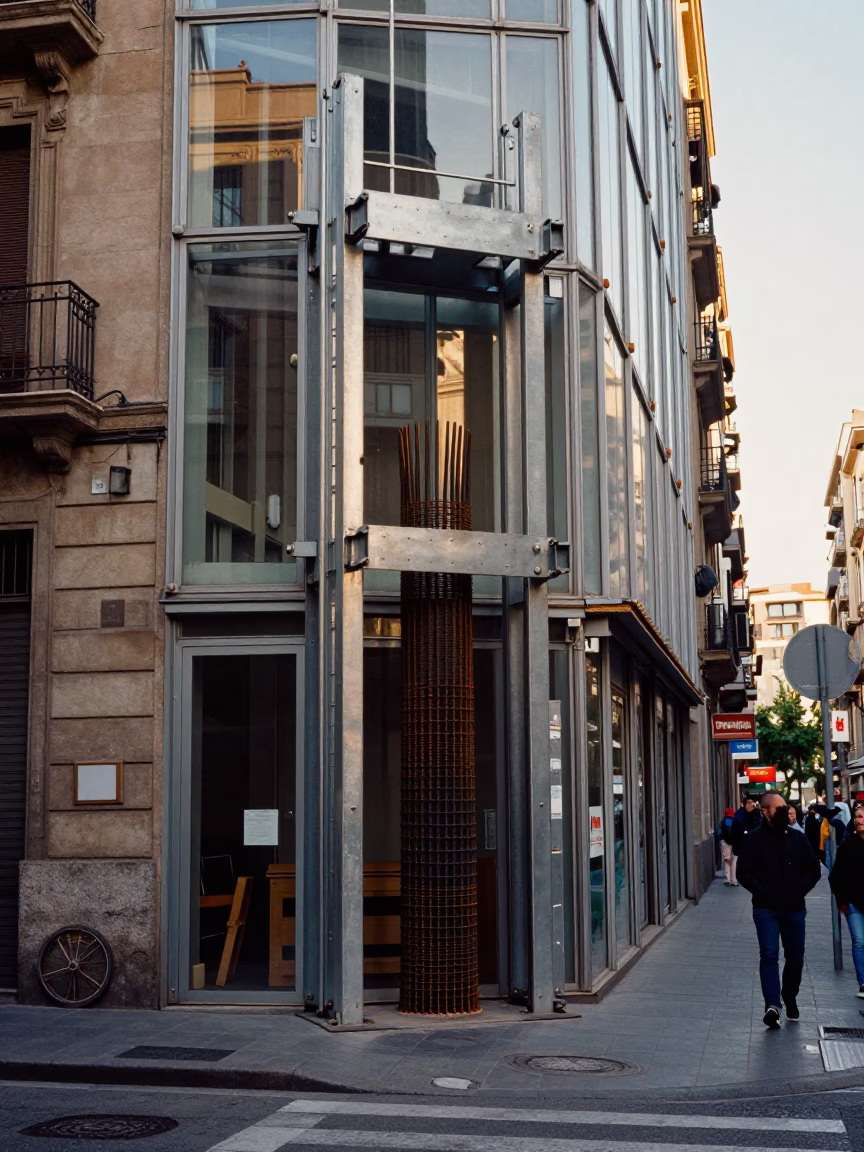 Barcelona Street Scene Late Afternoon Construction Gate and Glass Tumblers in in Barcelona, Spain