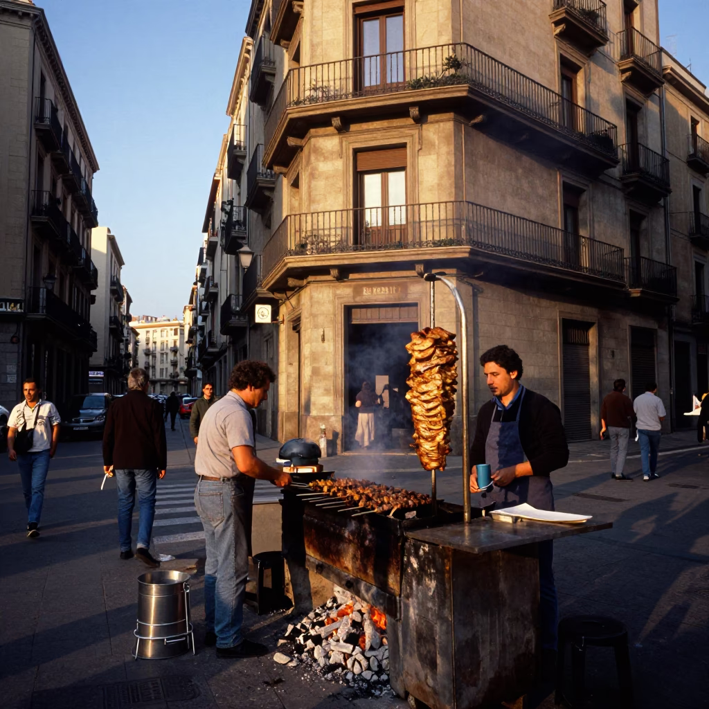 Barcelona Street Scene Late Afternoon Light with Kebab Grilling and Utensil Crock Detail in in Barcelona, Spain