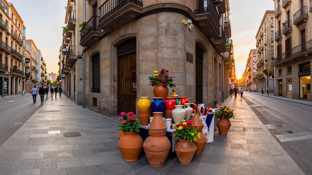 Barcelona street scene with colorful ceramic pots and zinnias at sunset in in Barcelona, Spain