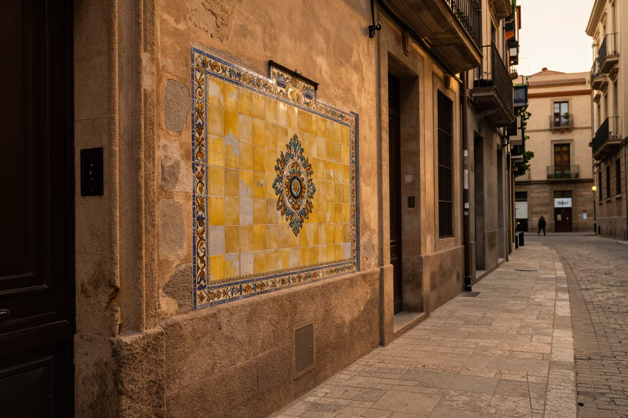 Barcelona Street Scene with Majolica Tile Detail and Evening Light in in Barcelona, Spain