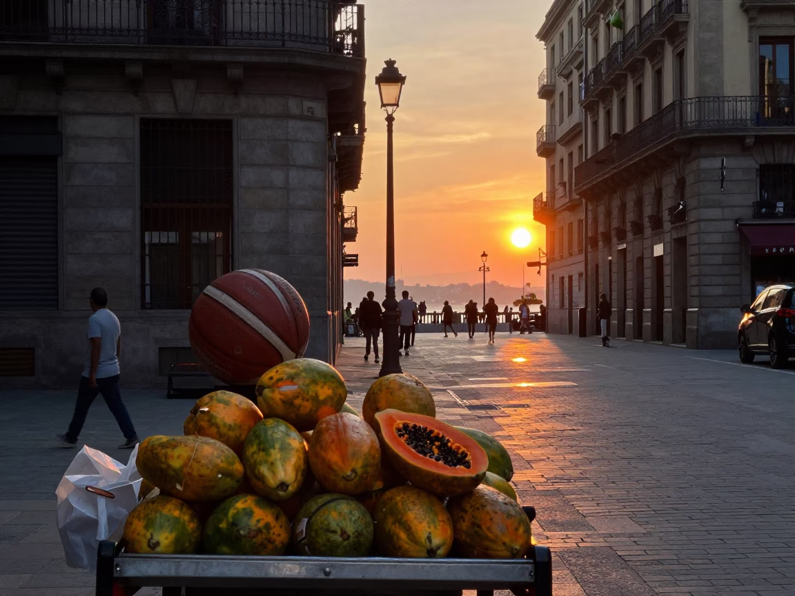 Barcelona Street Scene with Papayas and Basketball at Sunset in in Barcelona, Spain