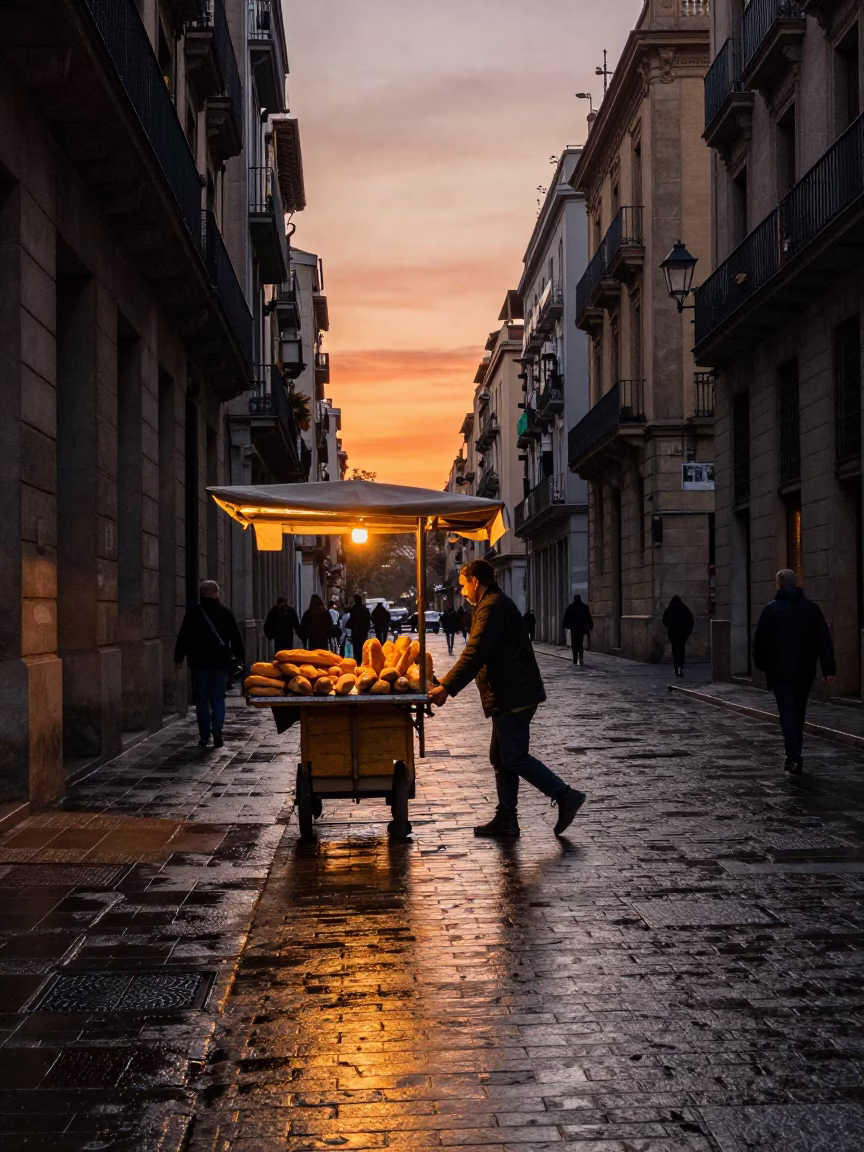Barcelona street vendor dawn light with bread loaves and date palm clusters in in Barcelona, Spain