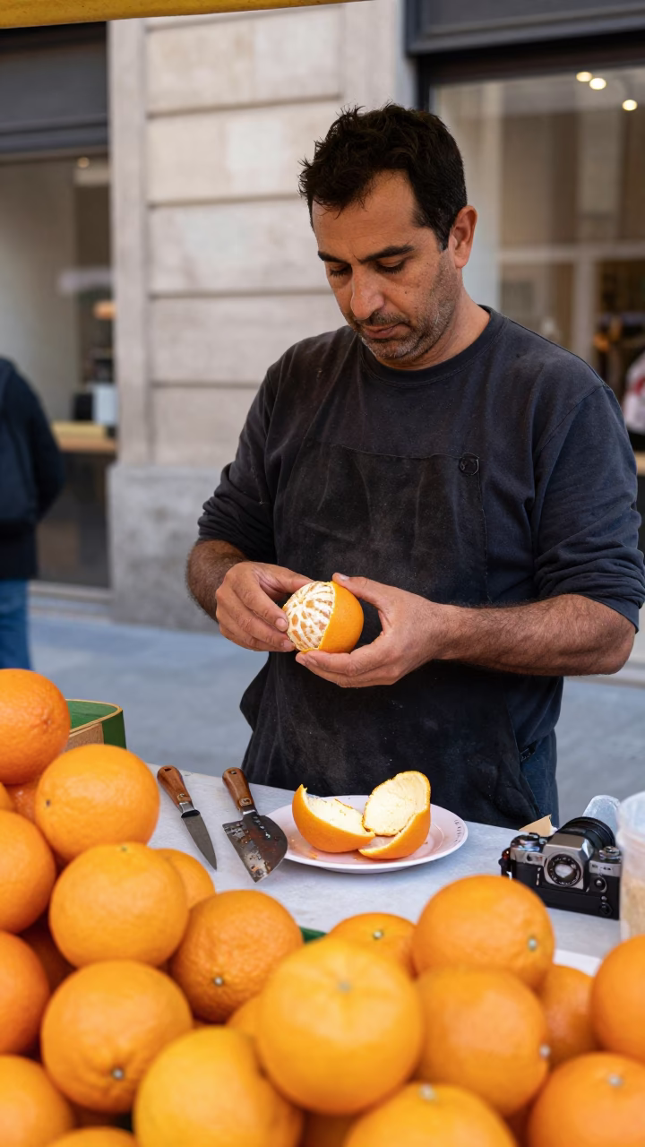 Barcelona Street Vendor Peeling Oranges with Dented Metal Tools in in Barcelona, Spain
