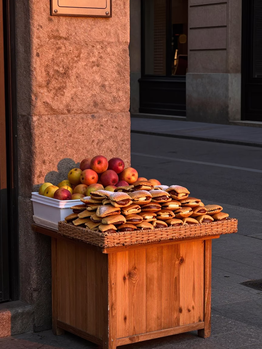 Barcelona Street Vendor Selling Alfajores and Nectarines in Copper Dusk Light in in Barcelona, Spain