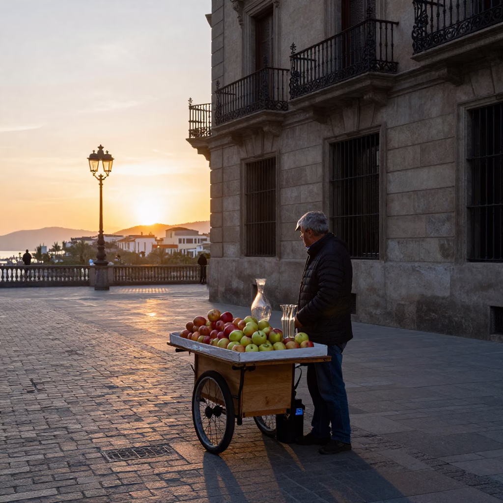 Barcelona street vendor selling apples and glass vase under setting sun in in Barcelona, Spain